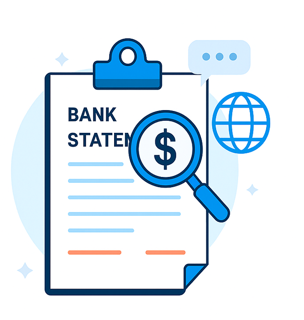 Rapid Translate graphic of a bank statement with magnifying glass, dollar sign, and globe symbolizing bank document translation.