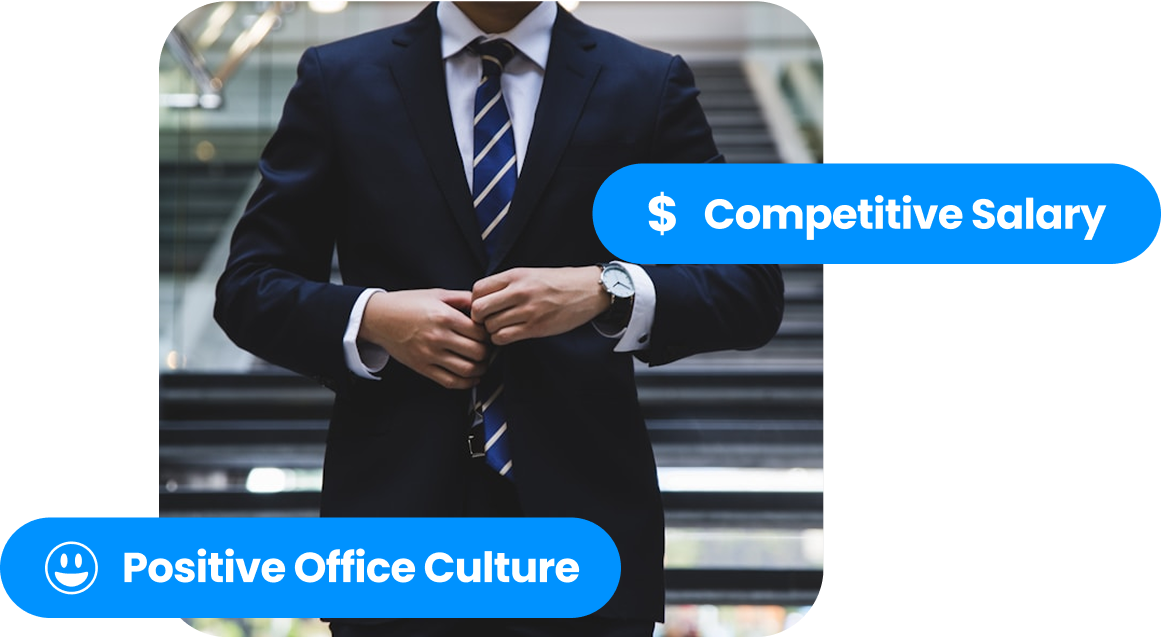 Rapid Translate graphic featuring a photo of a faceless man in a suit overlain with text bubbles listing job benefits.