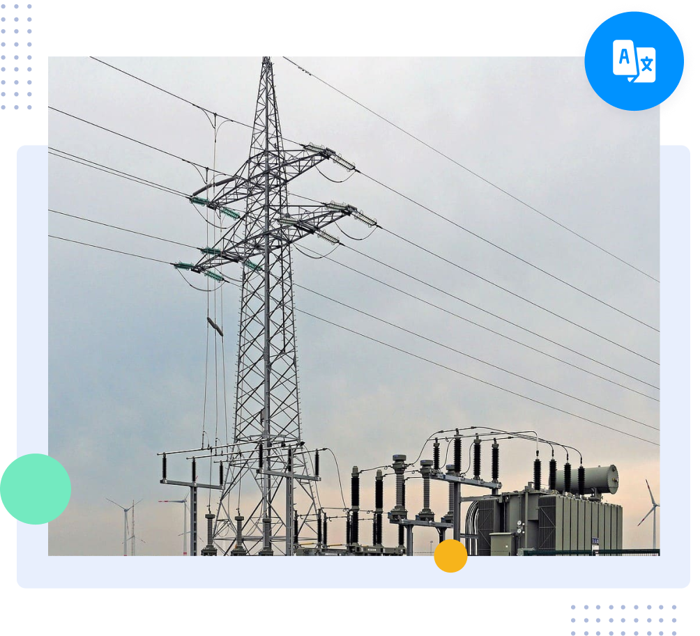 High-voltage power lines and electrical substation infrastructure in the global energy sector