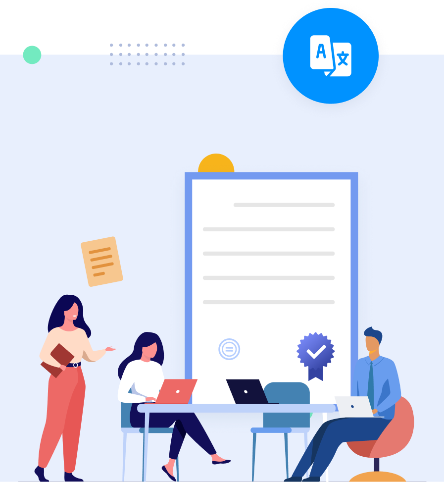 Certified translators reviewing brochure documents for USCIS-approved translation.