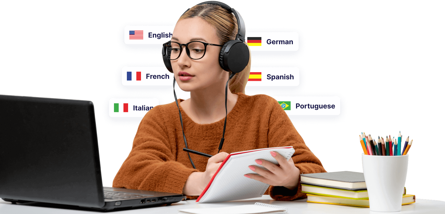 Rapid Translate's graphic of a translator with headphones taking notes while working on a laptop, surrounded by language labels like English, French, German, and more.