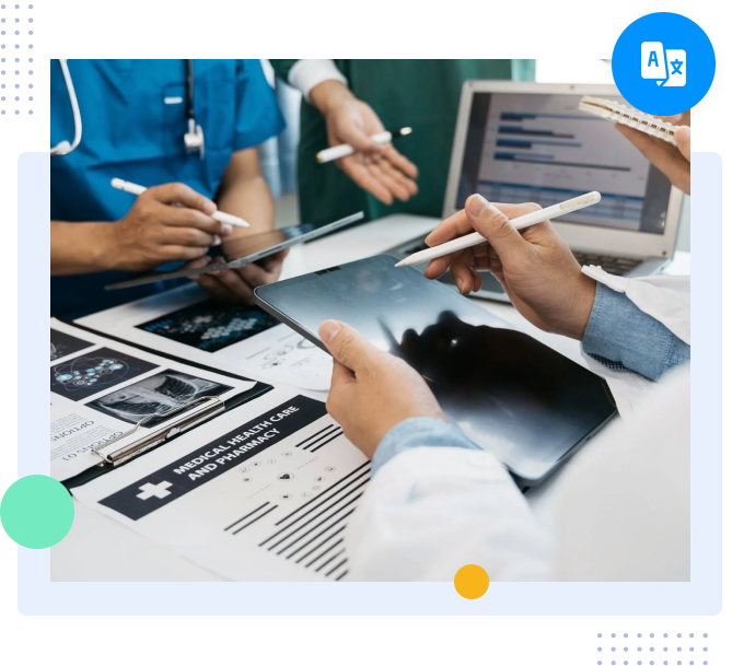 Doctors reviewing medical scans and clinical documents on tablets during a healthcare case consultation, needing accurate medical translation.