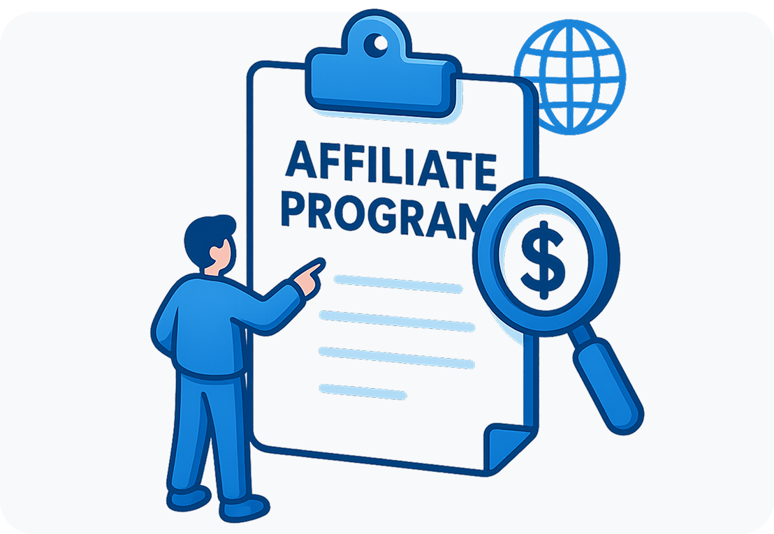 Rapid Translate graphic of a person pointing at a clipboard labeled “Affiliate Program” with a magnifying glass and globe icon.