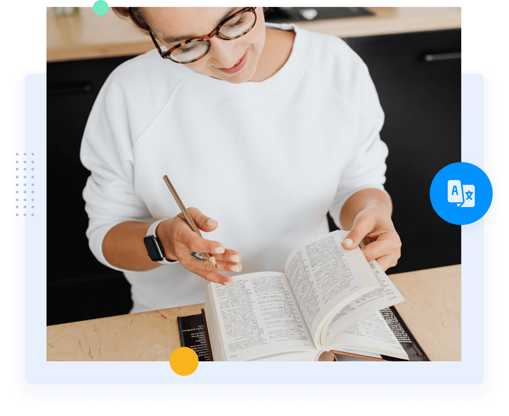 A woman looking at a dictionary representing professional Russian translators and translation services. 