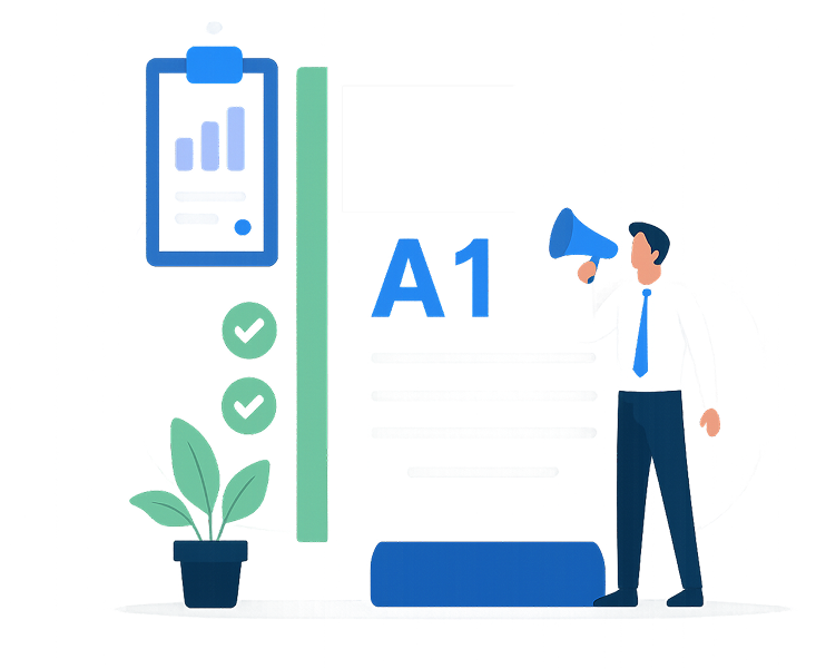Rapid Translate graphic of a man with a megaphone next to A1 checklist, and plant, symbolizing technical document translation.