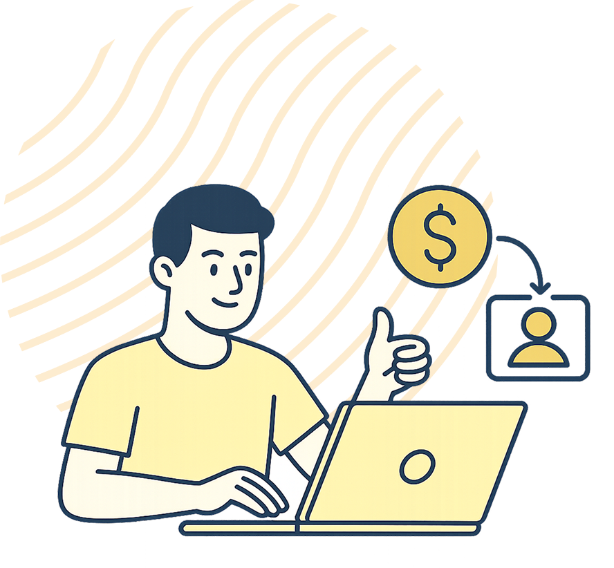 Rapid Translate graphic of a person using a laptop, giving a thumbs up, with a dollar sign and referral icon above.